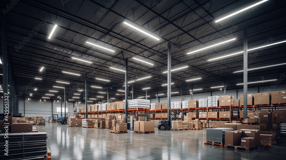 Generative AI, Warehouse interior with LED lighting, industry building, distribution retail center, part of storage and shipping system.. Generative AI, Warehouse interior with LED lighting, industry building, distribution retail center, part of storage and shipping system..
