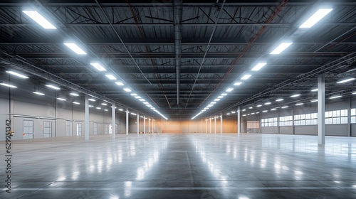 Generative AI, Warehouse interior with LED lighting, industry building, distribution retail center, part of storage and shipping system..