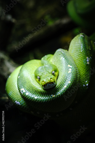 close up portrait of green tree python