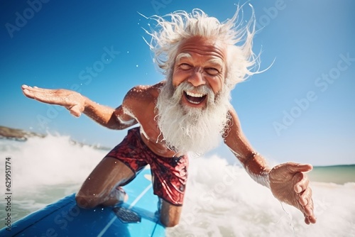 fit senior men having fun surfing  Sporty bearded man training with a surfboard on the beach - Elderly healthy people lifestyle and extreme sport concept