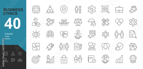 Business Ethics Line editable icons set. Vector illustration in modern thin line style of business related icons: integrity, growth, goal, trust,  passion, white salary, social package and more. photo
