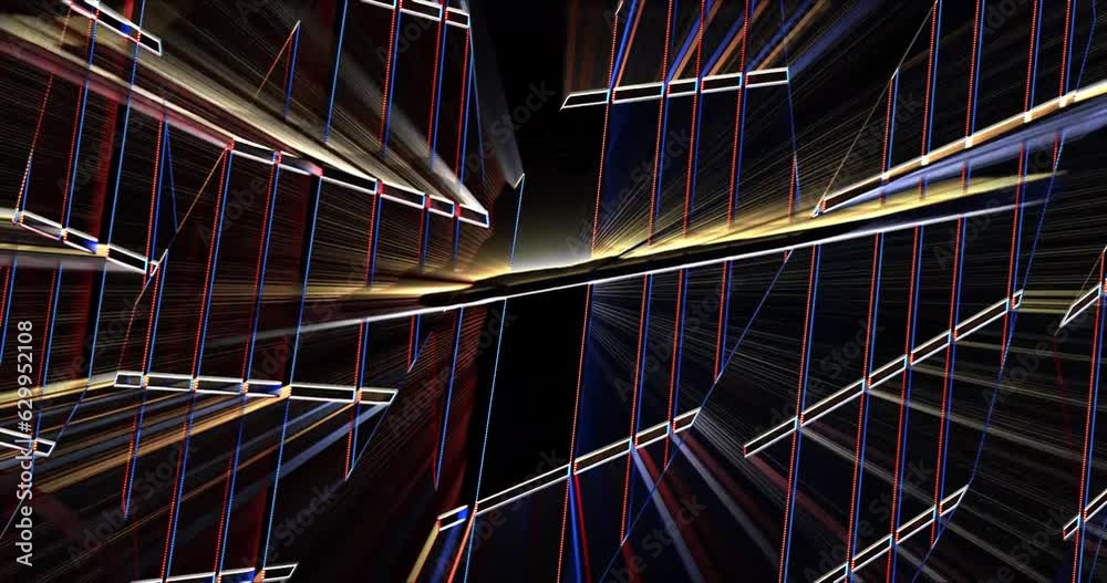 Multi-colored rays of light flicker and move in three-dimensional space and are refracted in many planes. Animated background and club video. Endless cycle. A loop