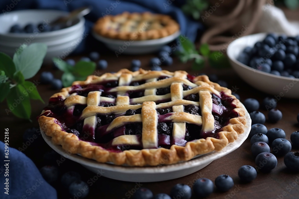Fresh homemade blueberry pie. Picture for the menu of a cafe or restaurant. Generative AI.