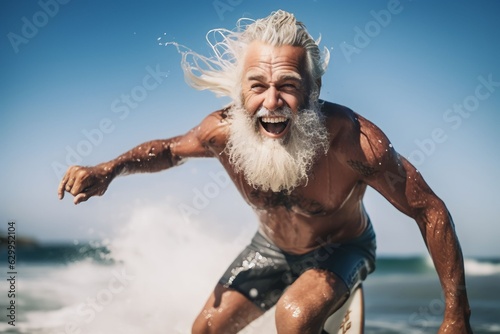 Senior men having fun surfing Sporty bearded man training with surfboard on the beach