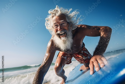 Fototapeta Senior men having fun surfing Sporty bearded man training with surfboard on the