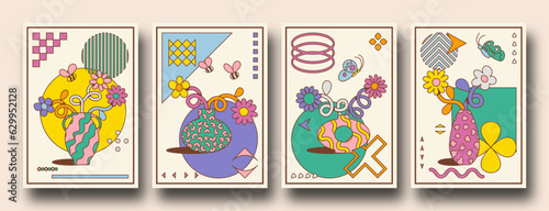 Colorful retro cartoon posters with Geometric shapes and bstract organic flowers and vases. trendy playful Groovy, funky, trippy, hippie, 60s, 70s aesthetic. bauhaus inspired.
