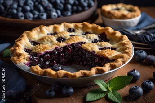 Fresh homemade blueberry pie. Picture for the menu of a cafe or restaurant. Generative AI.