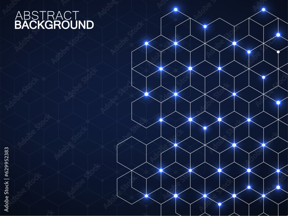 Abstract geometric background with glowing cubes. Geometrical concept with neon lines and points