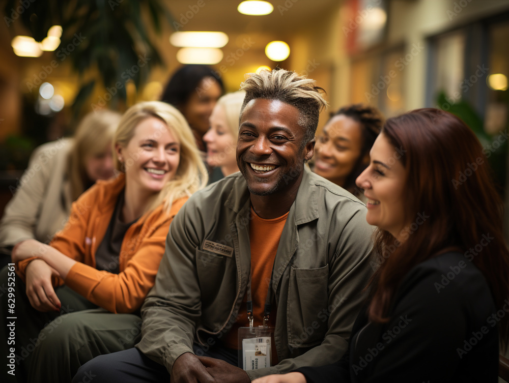 Fototapeta premium social worker is seen in a community center, surrounded by individuals of different ages and backgrounds.