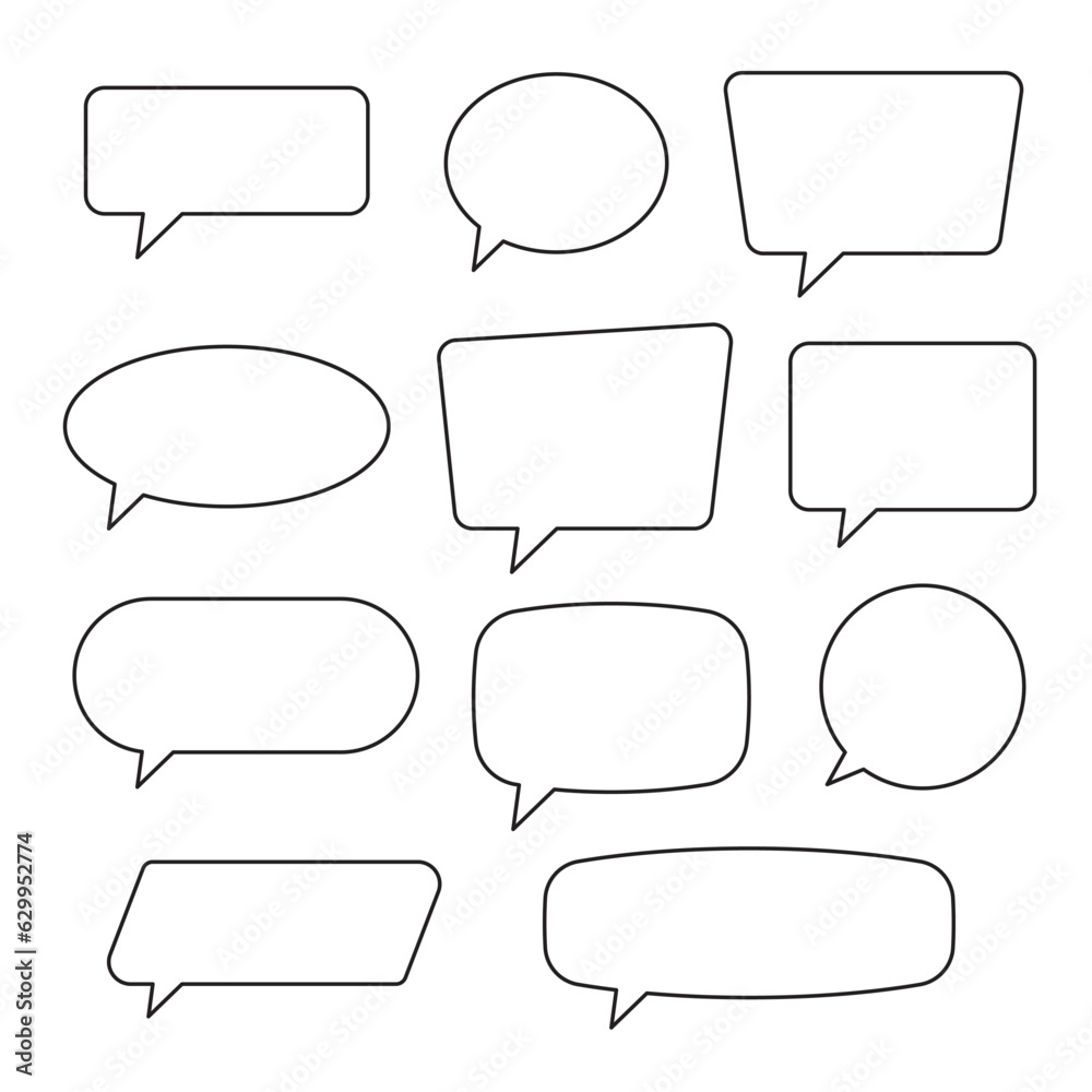 Speech bubbles set of outlined circle, distorted rectangle and square blank. Trendy line shapes, speech balloon, chat bubble on white background, vector design elements. Speech bubbles set of outlined circle, distorted rectangle and square blank. Trendy line shapes, speech balloon, chat bubble on white background, vector design elements.