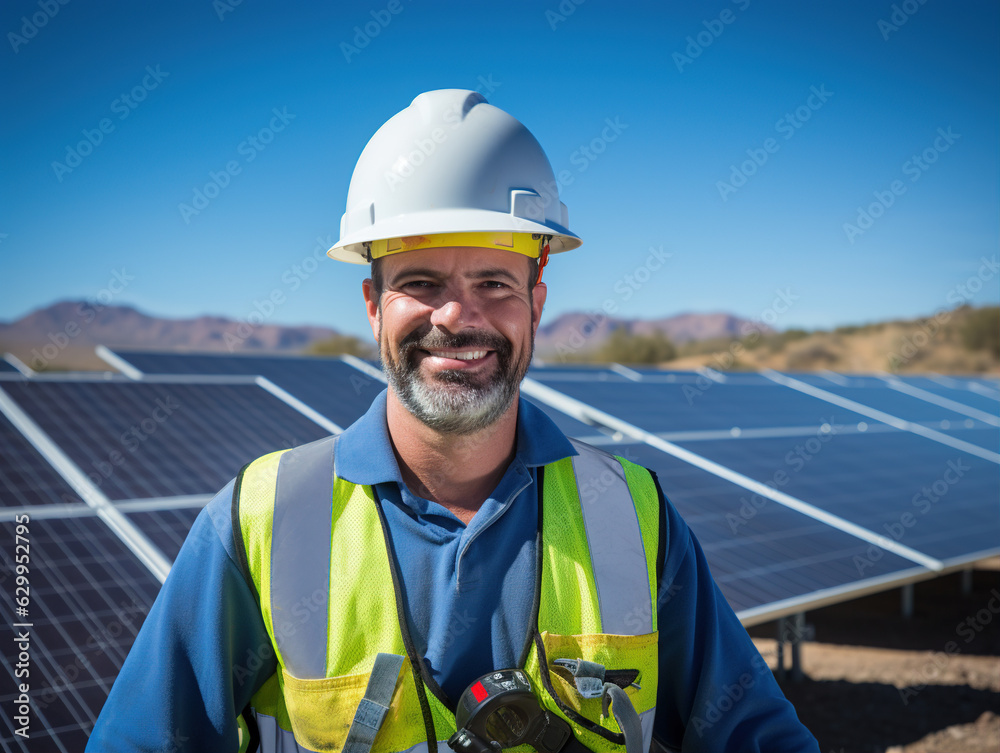 a renewable energy engineer in a solar or wind farm. They are standing near renewable energy installations, highlighting their role in promoting sustainable energy solutions a renewable energy engineer in a solar or wind farm. They are standing near renewable energy installations, highlighting their role in promoting sustainable energy solutions