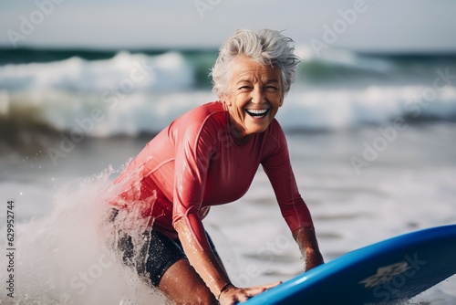 fit senior women having fun surfing Sporty woman training with surfboard on the beach - Elderly healthy people lifestyle and extreme sport concept © Salsabila Ariadina