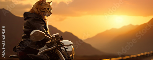 Cute cat driving motocycle in sunset light. © Michal