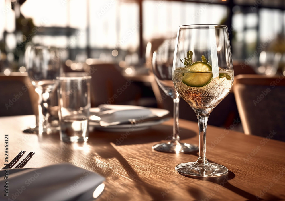 Restaurant reserve table with cocktail glass.Macro.AI Generative Restaurant reserve table with cocktail glass.Macro.AI Generative