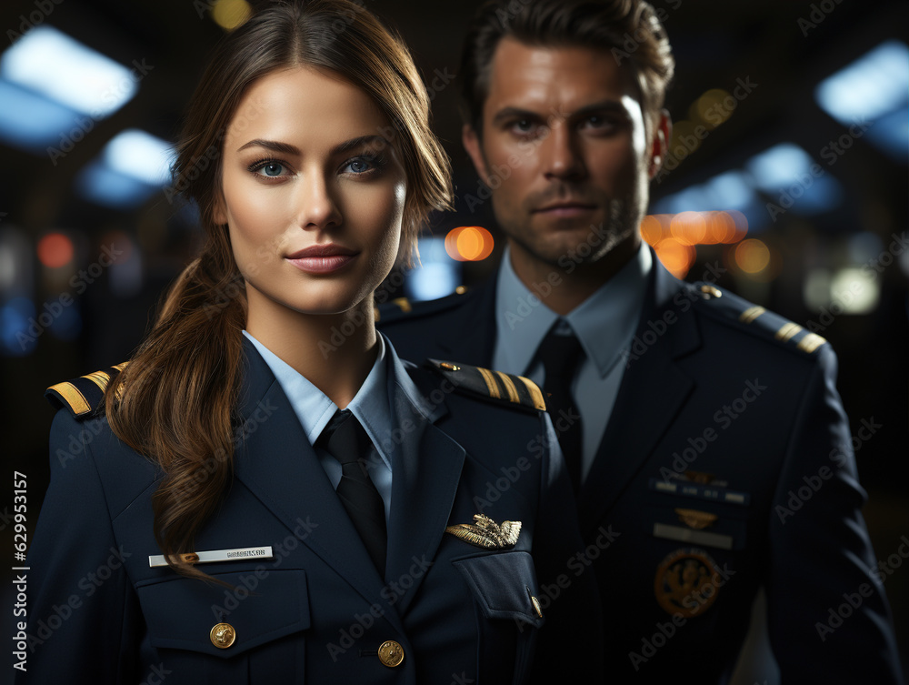 Pilot The picture showcases a male and a female pilot in front of an