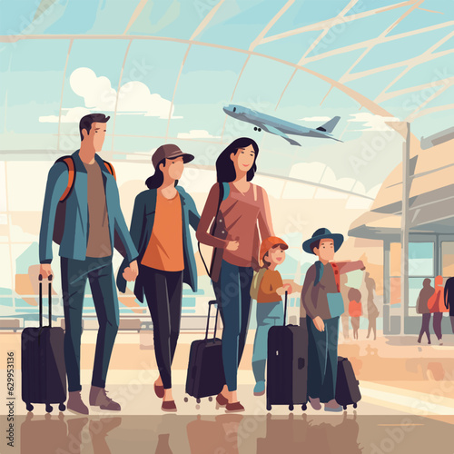Happy family in airport flat design