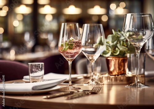 Restaurant table with plates and wine glasses.AI generative.