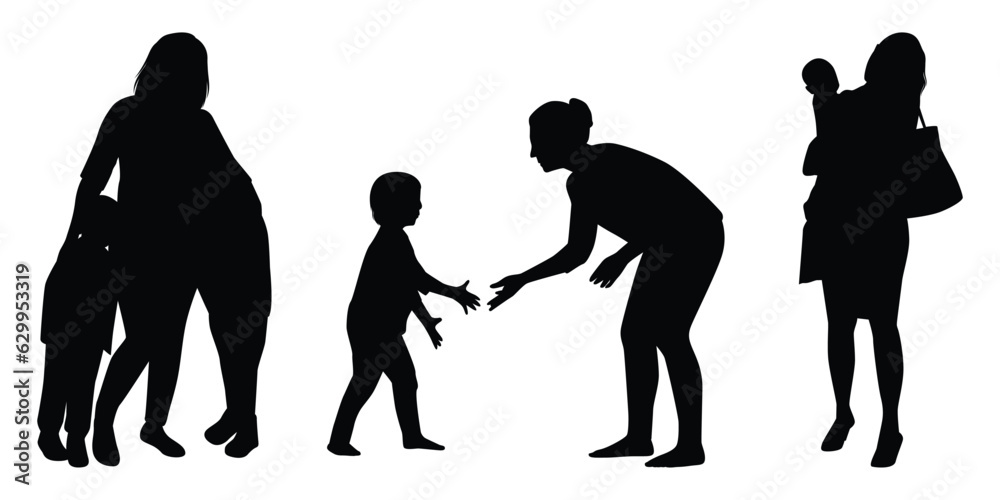 Mon and Son or Mother and Son Black Silhouettes Vector illustration