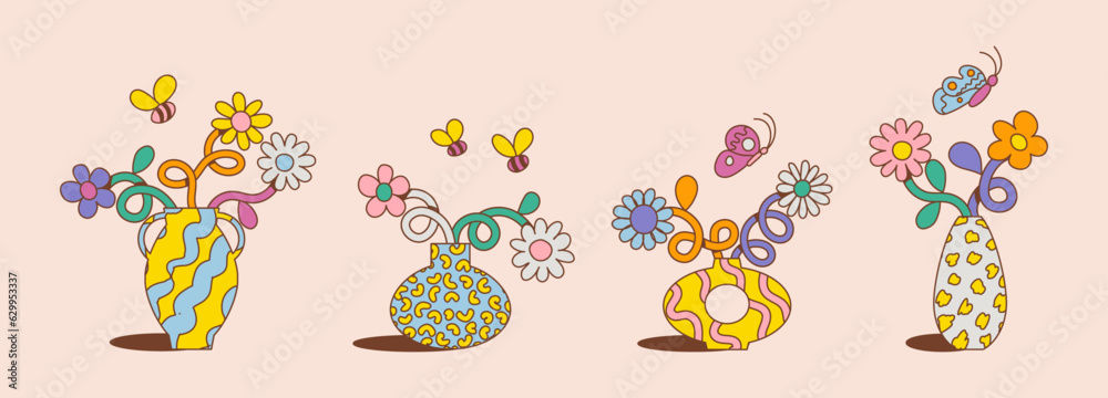 Colorful and cute retro cartoon flowers and vases. Collection of trendy vintage y2k floral, abstract and organic shapes, trendy and playful Groovy, funky, trippy, hippie, 60s, 70s aesthetic