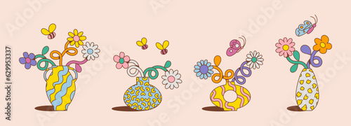 Colorful and cute retro cartoon flowers and vases. Collection of trendy vintage y2k floral, abstract and organic shapes, trendy and playful Groovy, funky, trippy, hippie, 60s, 70s aesthetic