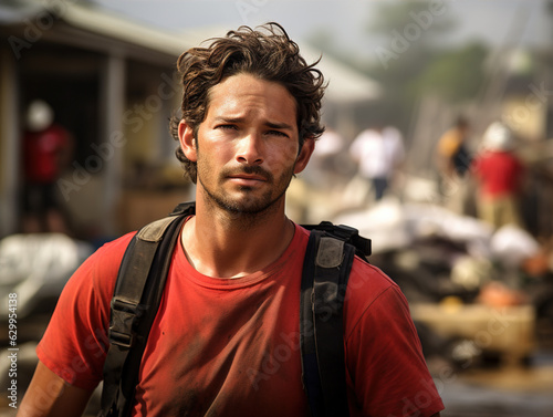  a disaster relief worker is seen in a disaster-stricken area.