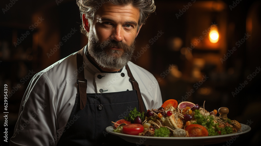 Chef: Wearing a pristine chef's uniform, the chef stands confidently with crossed arms, showcasing their culinary expertise and passion for creating delectable dishes
