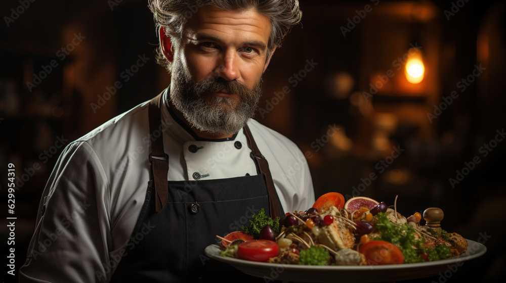 Chef: Wearing a pristine chef's uniform, the chef stands confidently with crossed arms, showcasing their culinary expertise and passion for creating delectable dishes Chef: Wearing a pristine chef's uniform, the chef stands confidently with crossed arms, showcasing their culinary expertise and passion for creating delectable dishes
