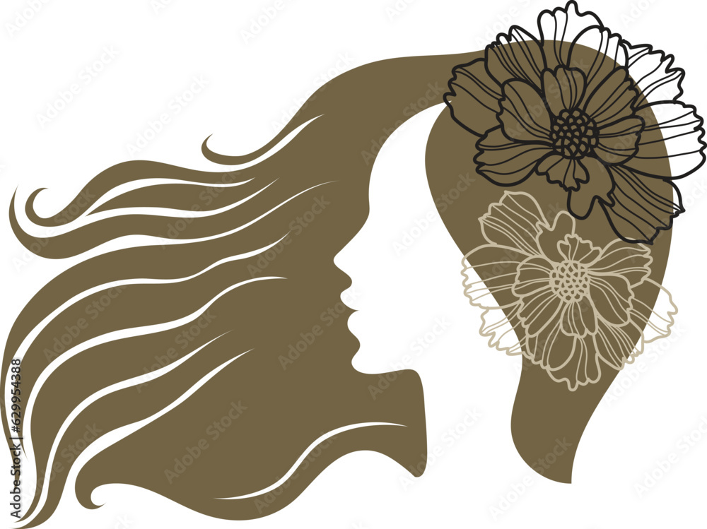 Modern line art vector illustration of beautiful woman with long hair ...