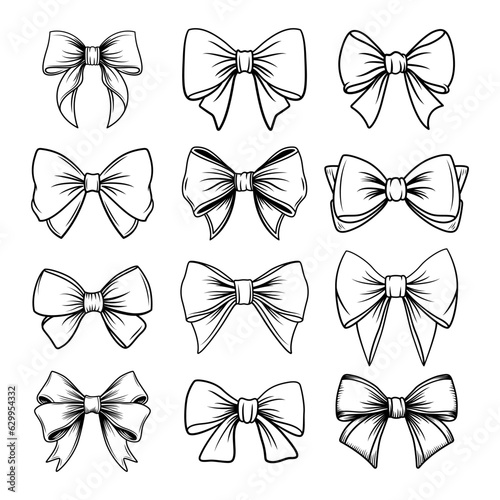 Vector Black and White Bow Tie or Gift Bow with Outline, Cut Out Icon Set Isolated on White Background. Bows Collection. Bow Design Template