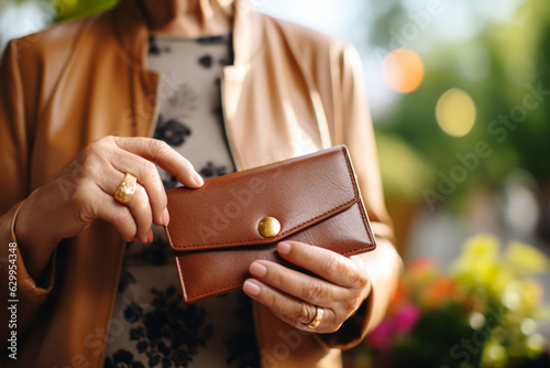 An elderly woman holds a wallet in his hands photo