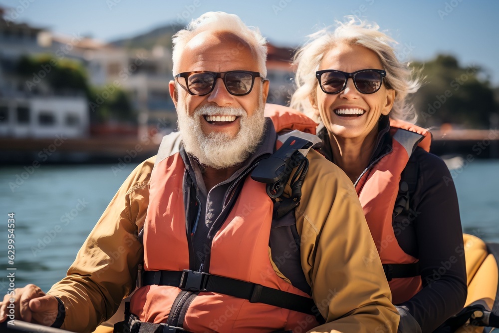 Happily retired couple enjoying travel moment paddling on kayak