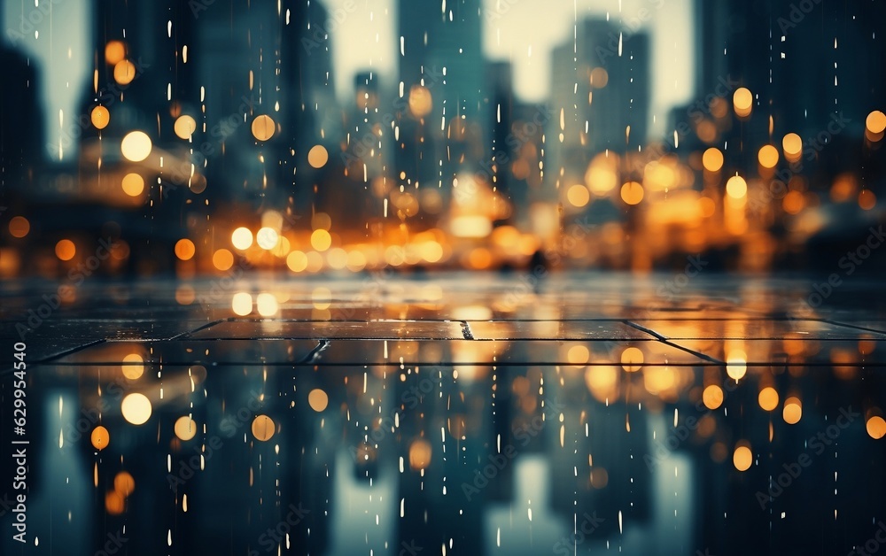 Rainy blurry background with lights. Generative Ai
