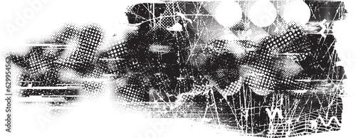 Glitch distorted grange shape . Noise grungy logo . Trendy defect error shapes . Glitched frame .Grunge textured . Distressed effect .Vector shapes with a halftone dots screen print texture.
