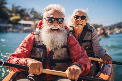 Happily retired couple enjoying travel moment paddling on kayak