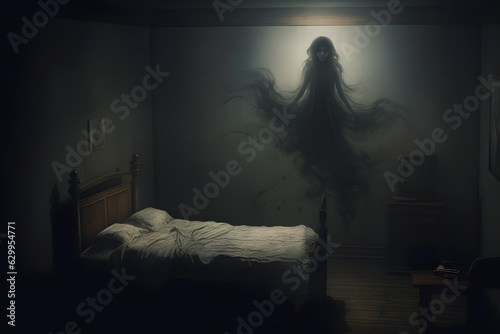 Fotografie, Obraz A horror anime image of a dark spirit floating near mattress in scary gloomy atm