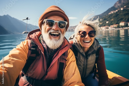 Happy retired couple enjoying travel moment paddling on kayak