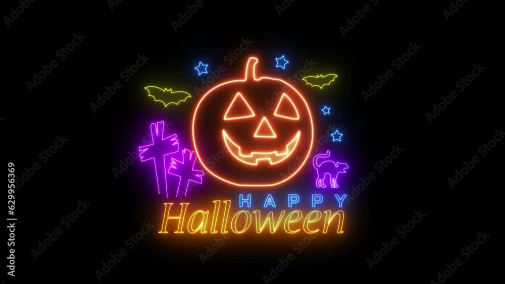 Glowing neon line of happy halloween party banner design isolated on transparent background. Trick or Treat. Bright signboard. Holiday concepts. 4K video motion graphic animation. Glowing neon line of happy halloween party banner design isolated on transparent background. Trick or Treat. Bright signboard. Holiday concepts. 4K video motion graphic animation.