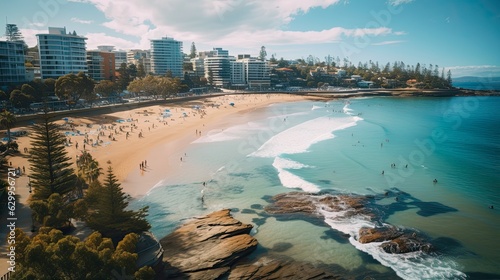 Aerial View of Manly CBD and Beach with Ocean Waves Crashing on the Sand: Generative AI