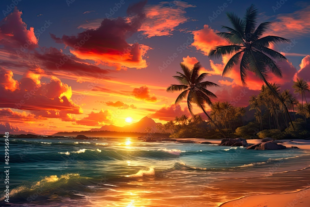 Tropical Paradise: Beautiful Bright Sunset on Palm Tree Beach Island in the Ocean: Generative AI