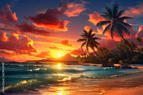 Tropical Paradise  Beautiful Bright Sunset on Palm Tree Beach Island in the Ocean  Generative AI