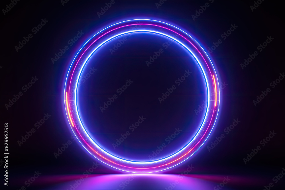 Glowing neon ring, gradient light. Blank round frame for product presentation. 3d render, abstract geometric background. 