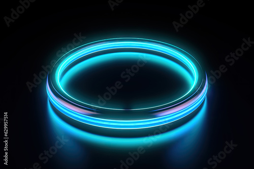 3d render, abstract blue neon background. Glowing neon ring, gradient light. Blank round frame