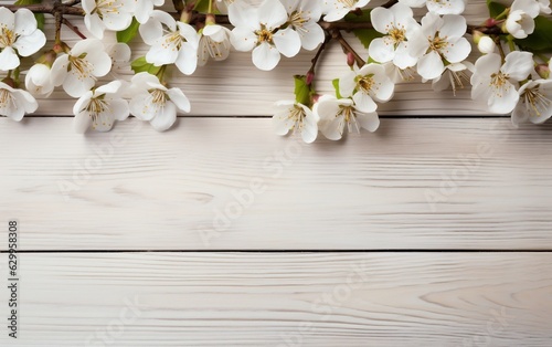 White wooden background with flowers and copy space 