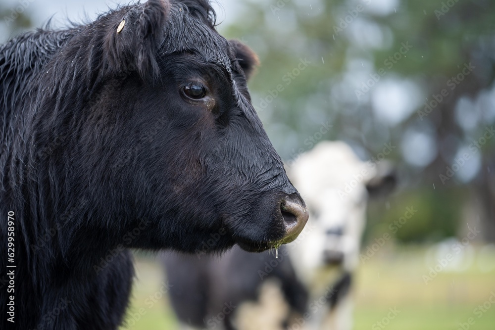 Close up of a black cows face in a field on a farm in the rain Close up of a black cows face in a field on a farm in the rain