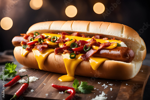 Delicioso perrito caliente de chilli y queso. Comida rápida para llevar. Apetitoso hot dog de salchicha con chilli. Ilustración creada con herramientas generativas de IA.	 photo