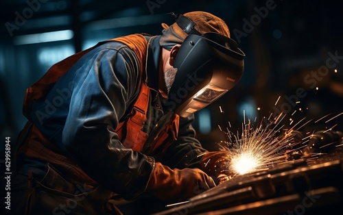 Factory Welder Metal Worker Welding Steel in Manufacturing Plant, Generative Ai