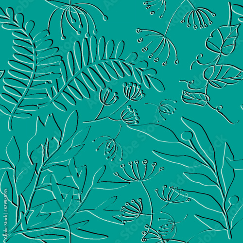 3d embossed doodle lines floral seamless pattern. Textured tropical flowers relief background. Repeat emboss blue backdrop. Surface flowers, leaves. 3d line art flowers ornament with embossing effect