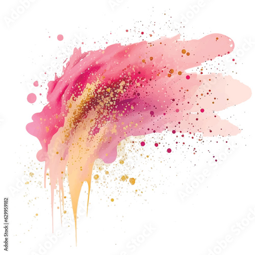 Pink watercolor splash splatter stain brush strokes with gold glitter on white background. Modern aquarelle spot. Trendy isolated painted design on white. Element. Vector watercolor illustration