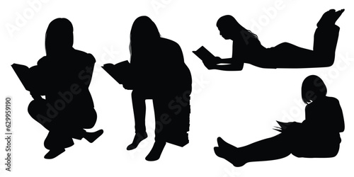 Reading Book Woman Silhouettes Vector illustration