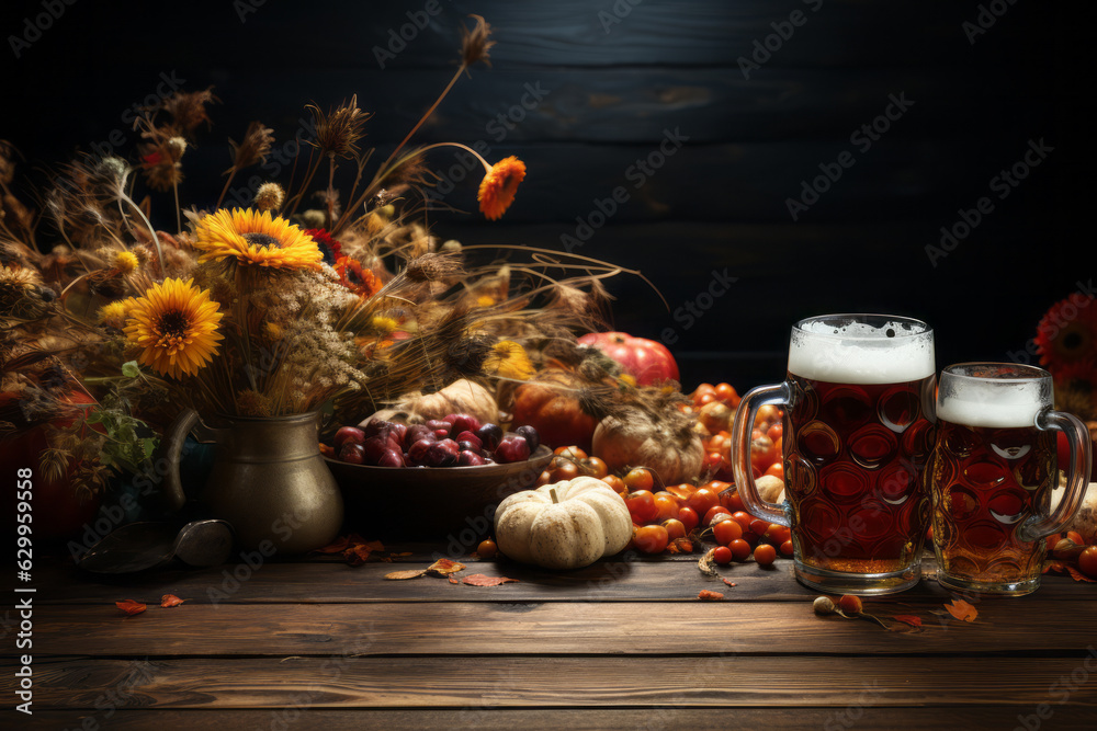 Φωτογραφία Oktoberfest autumn background with a two mugs of beer standing on a wooden table